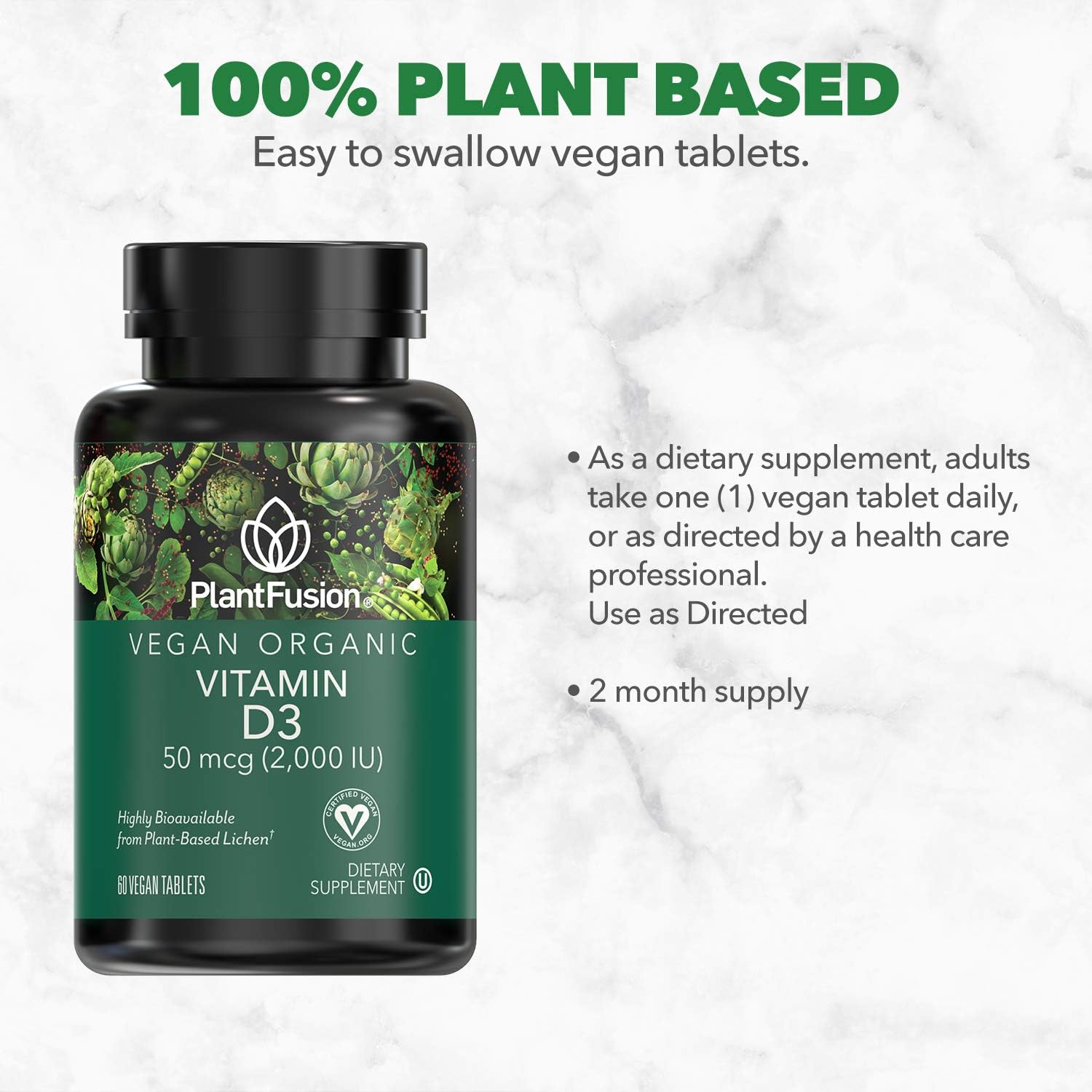 PlantFusion Vitamina D3 Vegana 2000UI - 60 Comprimidos