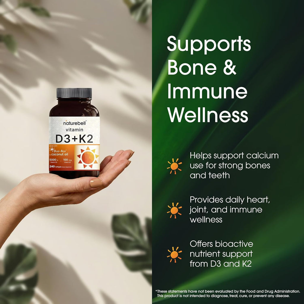 NatureBell Vitamina D3 y K2 - 5000 UI D3 + 100 mcg K2 MK-7, 240 Cápsulas Blandas con Aceite de Coco