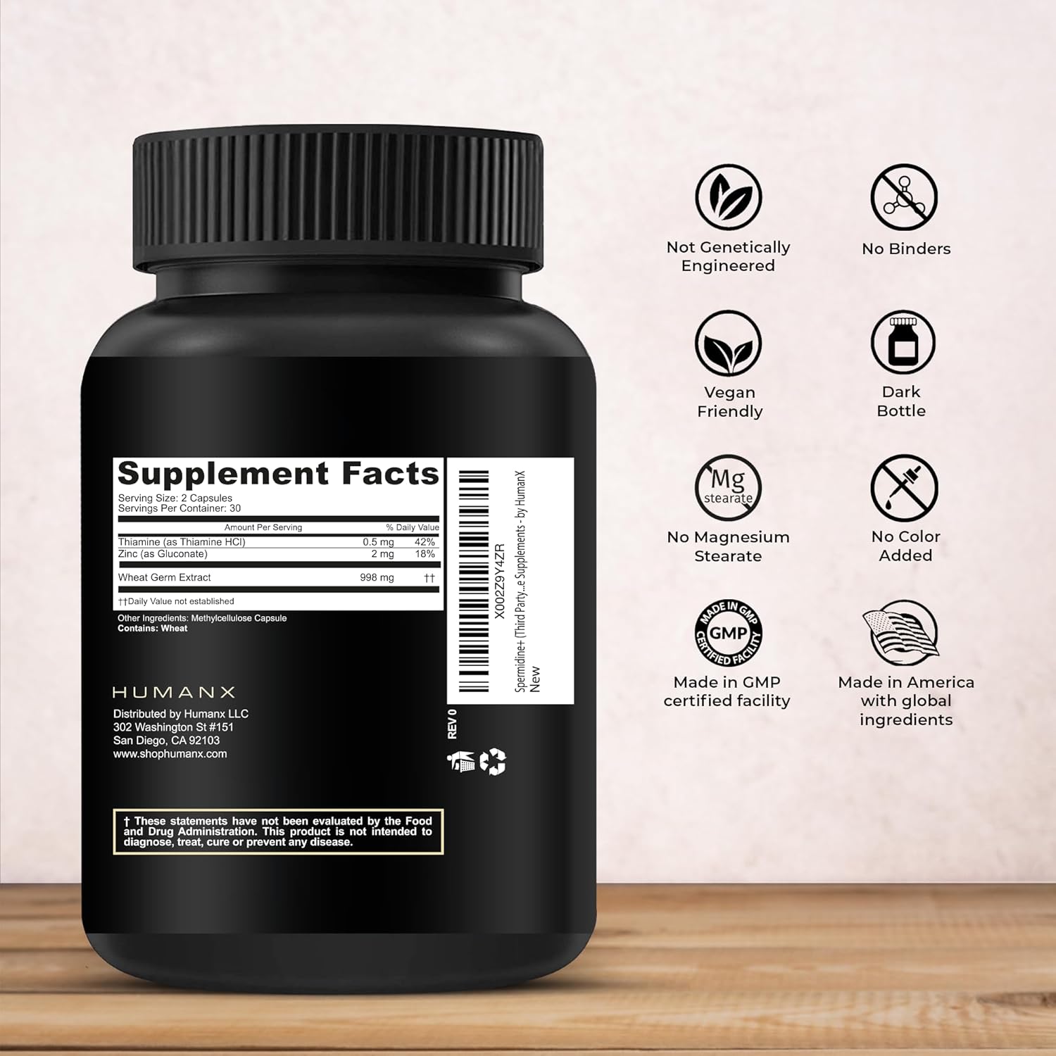 HUMANX Spermidine+ – Cápsulas de Extracto de Germen de Trigo Rico en Espermidina, Zinc y Tiamina