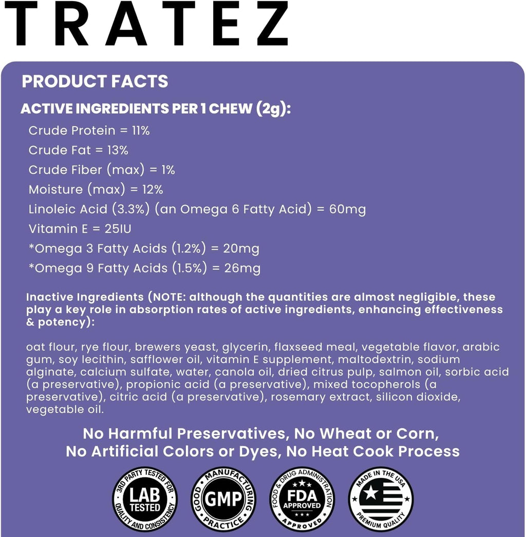 TRATEZ Suplemento para la Piel y Pelaje de Perros - Omega 3 6 9 Aceite de Pescado y Vitamina E Masticables Blandos - Alivio del Picor, Anti-Caída y Apoyo para Pelaje Brillante - 90 Unidades