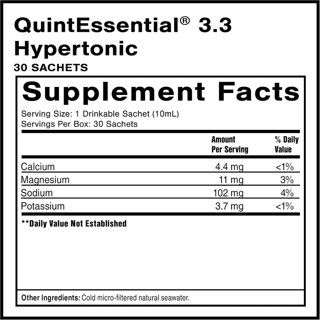 QuintEssential 3.3 Sobres - Solución Hipertónica de Agua de Mar - Minerales Líquidos para la Hidratación y Recuperación Muscular (30 sobres)