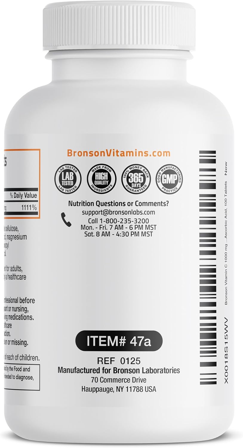 Bronson Vitamina C 1000 mg - Ácido Ascórbico Premium Sin OGM, 100 Comprimidos