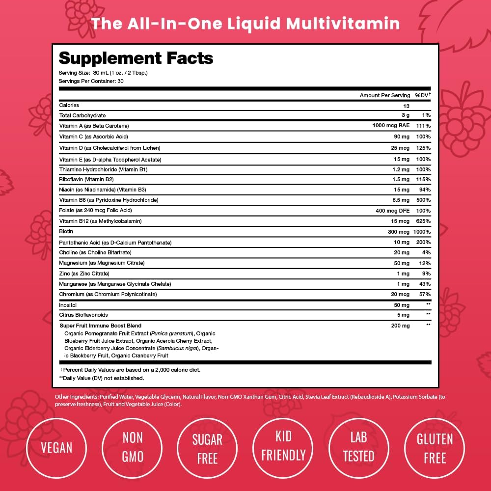 NutraChamps Complete Liquid Multivitamins | Sin Azúcar Añadido | Vitaminas para Mujeres, Hombres y Niños | Suplemento Multivitamínico Líquido Vegano | Energía, Inmunidad y Belleza