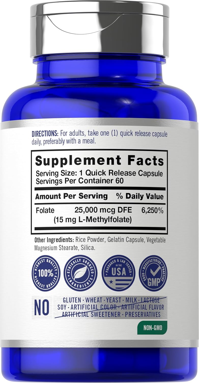 Carlyle L-Metilfolato 15 mg | 60 Cápsulas | Alta Potencia | Metilfolato Activado 5-MTHF