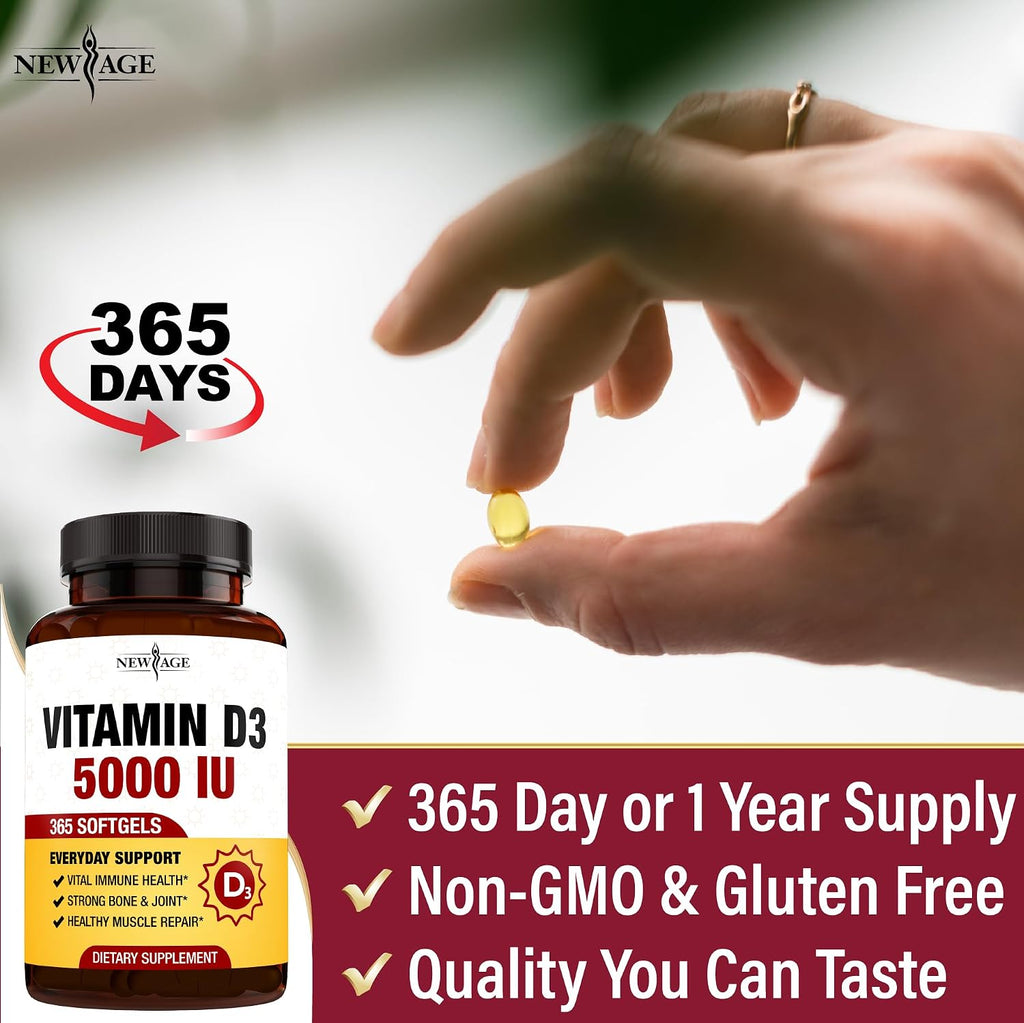 NEW AGE Vitamin D3 5000 IU (125mcg) - 360 Cápsulas Blandas | Apoyo Inmunológico y Salud Ósea
