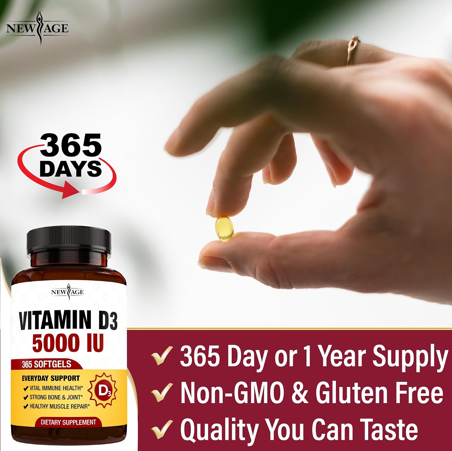 NEW AGE Vitamin D3 5000 IU (125mcg) - 360 Cápsulas Blandas | Apoyo Inmunológico y Salud Ósea