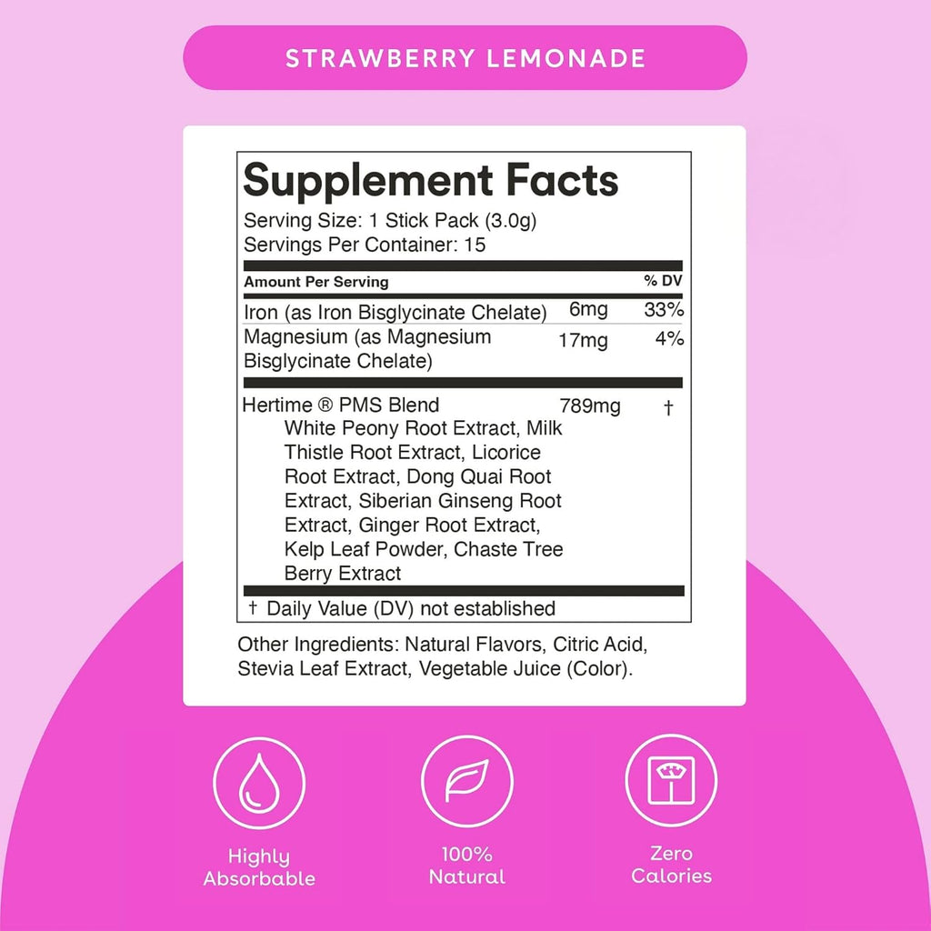 Hertime PMS – Apoyo para el ciclo menstrual con minerales y hierbas – 15 sobres – Fresa Limonada
