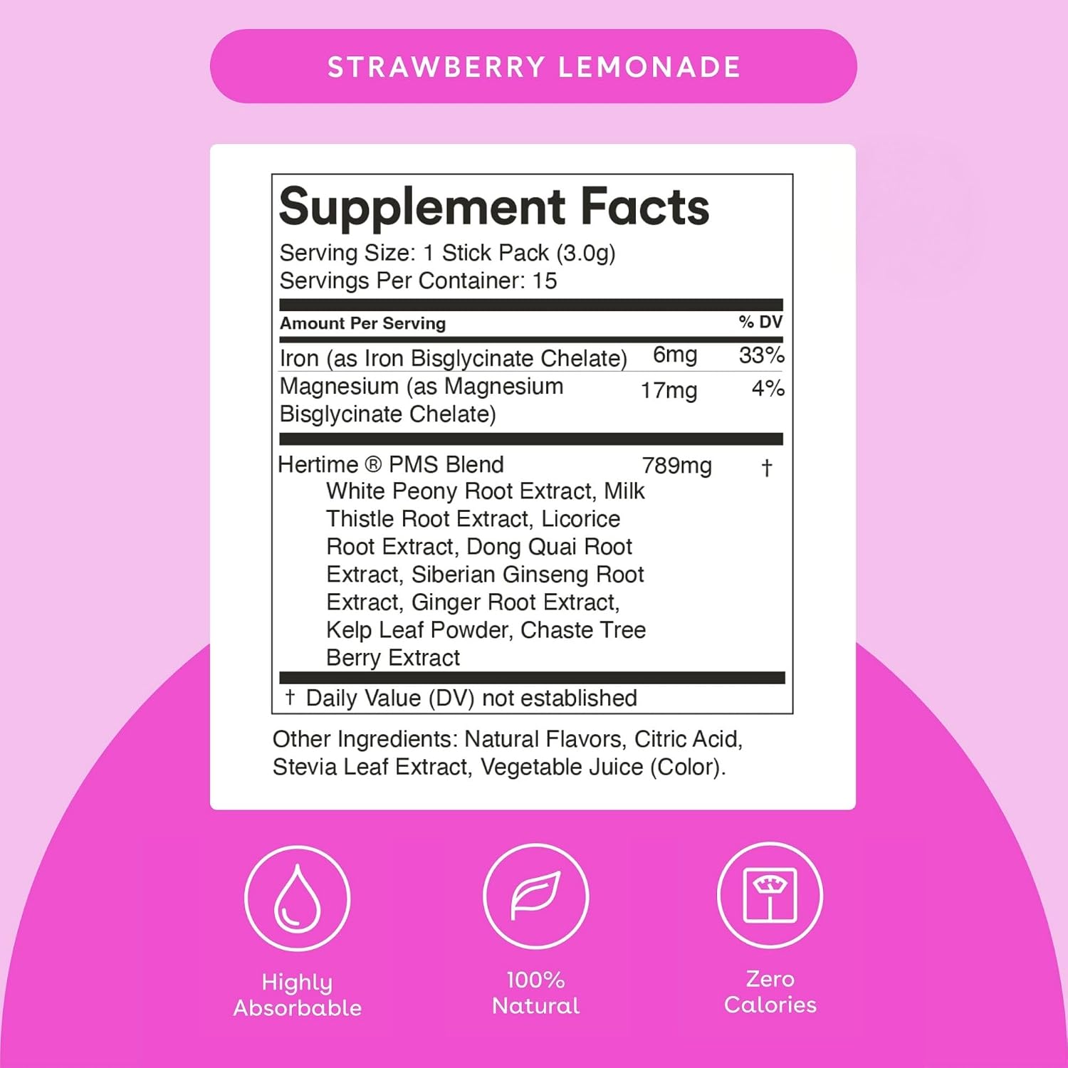 Hertime PMS – Apoyo para el ciclo menstrual con minerales y hierbas – 15 sobres – Fresa Limonada