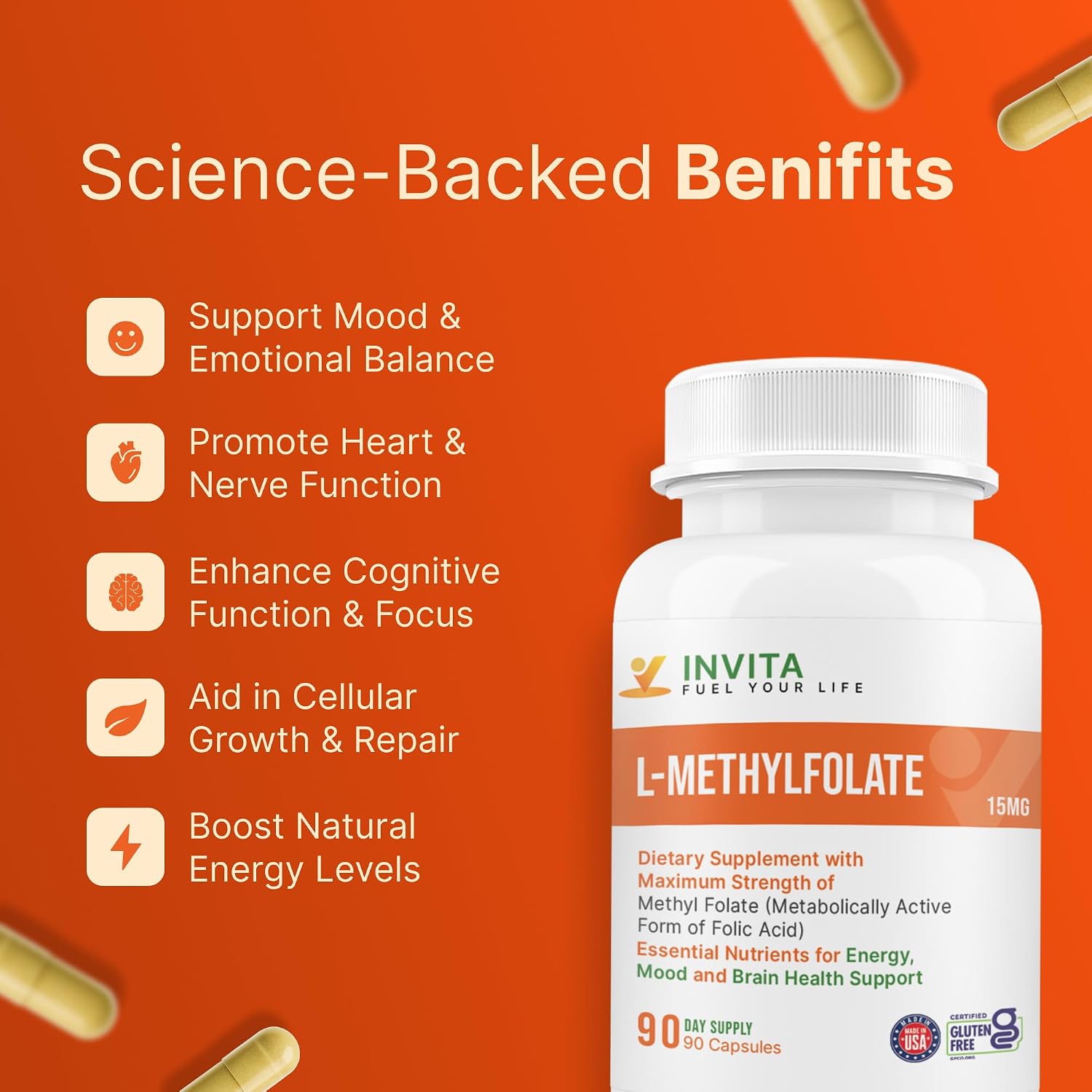 INVITA L-Methylfolate 15mg – Metilfolato Activo 5-MTHF – 90 Cápsulas