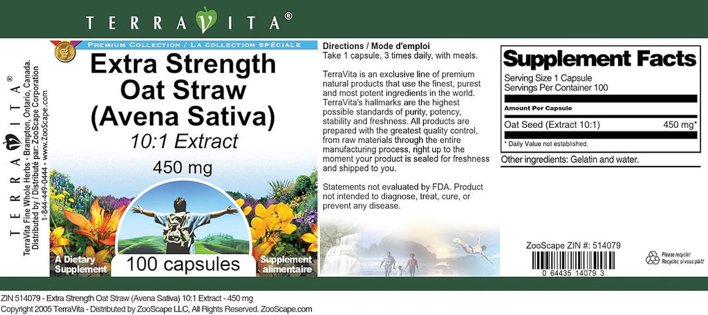 Extra Strength Extracto de Avena Sativa (Avena Sativa) 10:1 - 450 mg, 100 Cápsulas