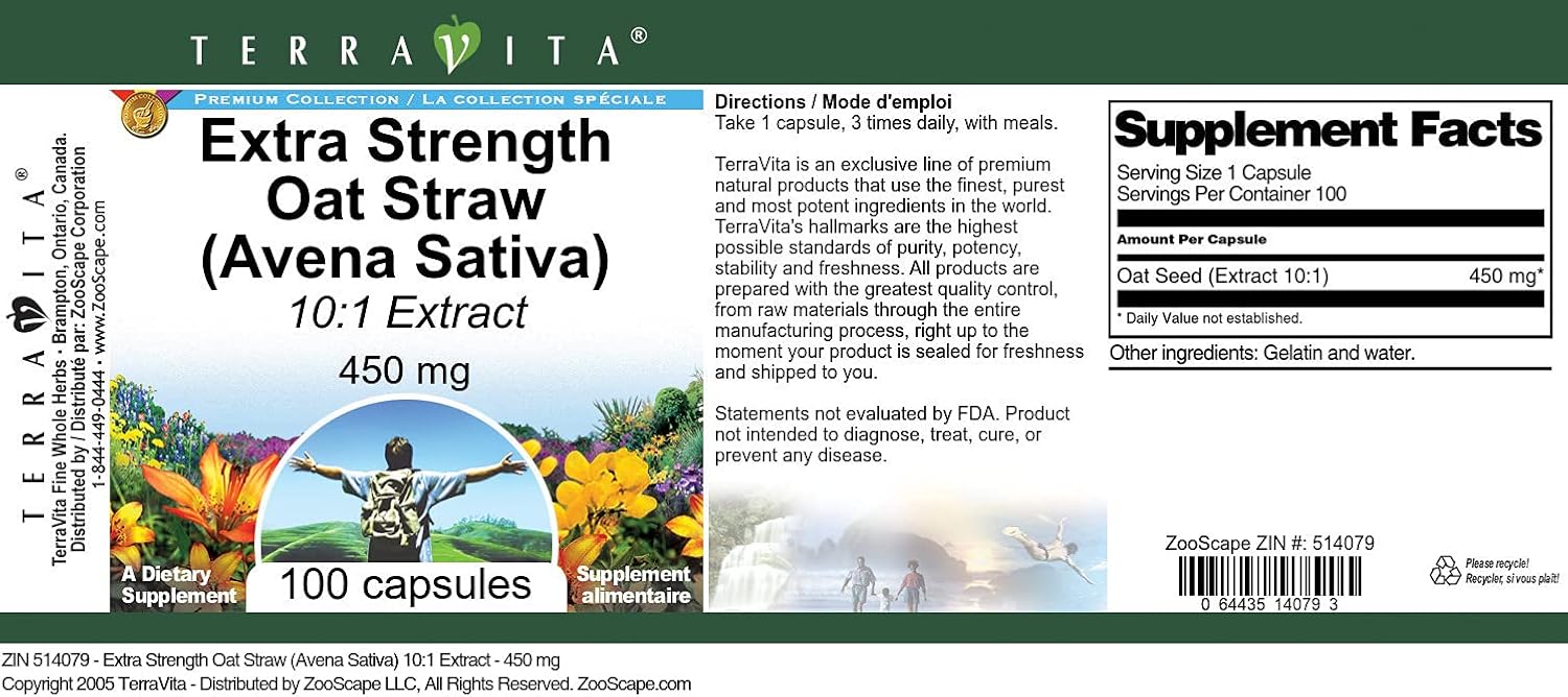 Extra Strength Extracto de Avena Sativa (Avena Sativa) 10:1 - 450 mg, 100 Cápsulas