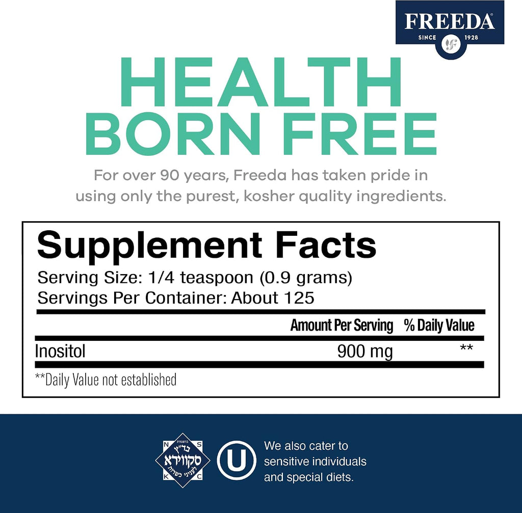 FREEDA Myo-Inositol Puro en Polvo – 900 mg por Ración, Sin Sabor, Vegano, Kosher (113 g)