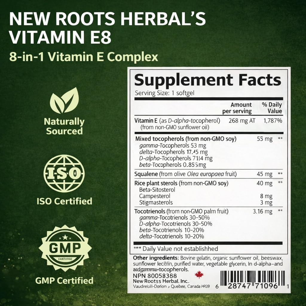 New Roots Herbal Vitamina E 400 UI con 8 Tocoferoles y Tocotrienoles, 120 Cápsulas Blandas