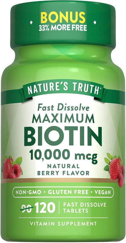 Nature's Truth Biotina 10000 mcg - 120 Comprimidos de Disolución Rápida - Alta Potencia - Vegano, Sin OGM y Sin Gluten – Image 1