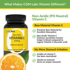 Suplemento de Vitamina C No Ácida 1500 mg con Calcio - Suave para el Estómago - 100 Cápsulas - CGM Labs
