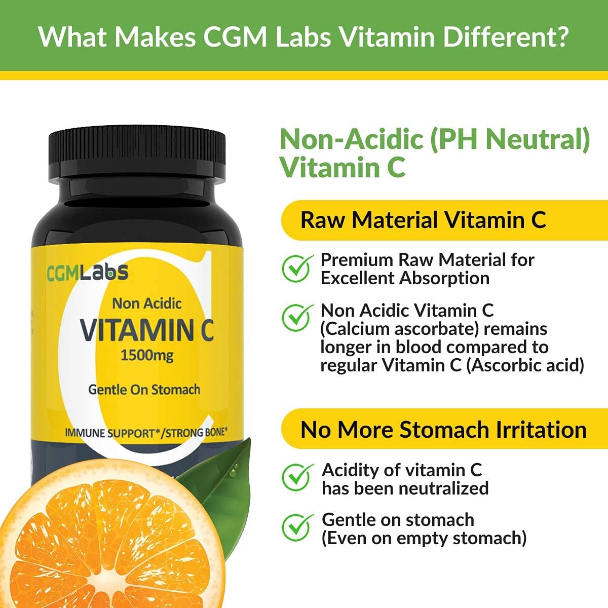 Suplemento de Vitamina C No Ácida 1500 mg con Calcio - Suave para el Estómago - 100 Cápsulas - CGM Labs