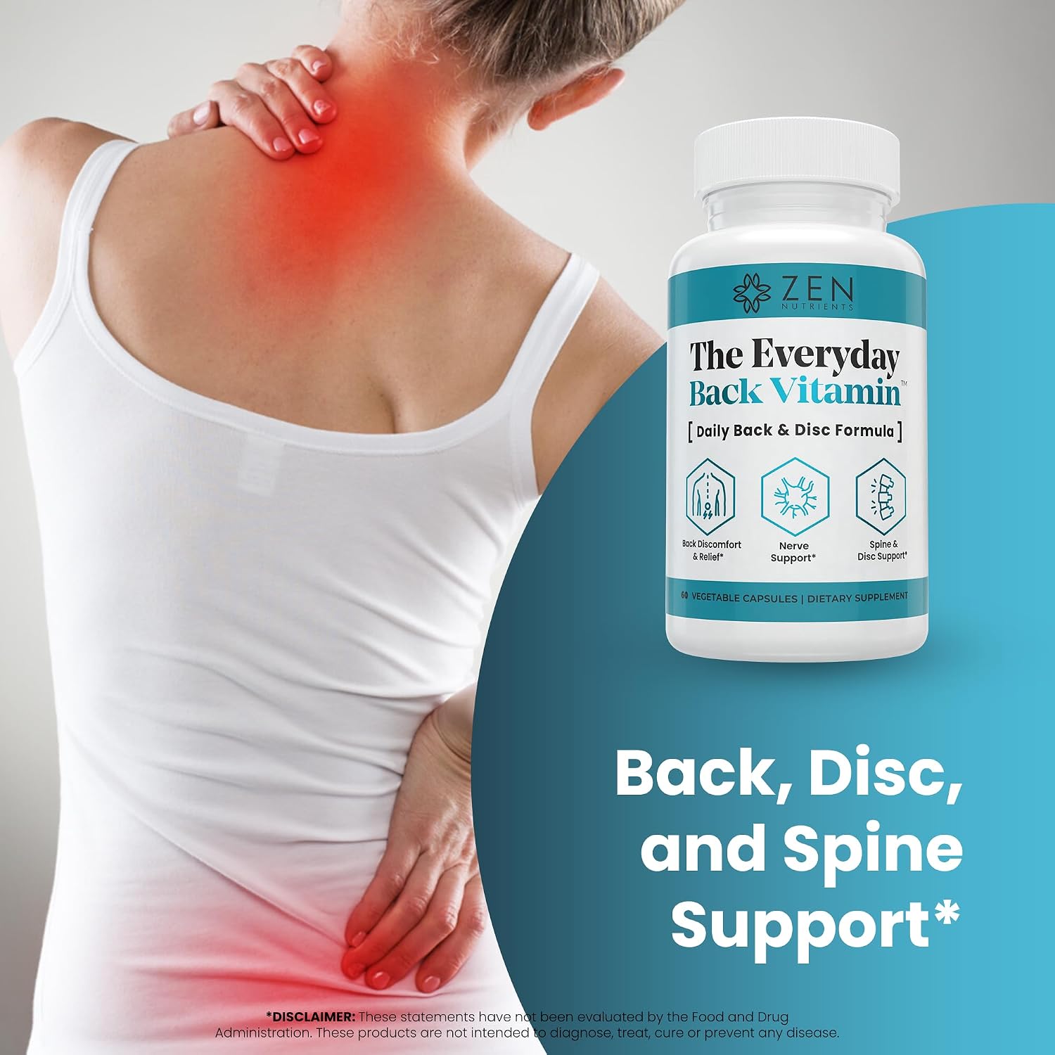Zen Nutrients The Everyday Back Vitamin - Alivio para la Espalda Baja y Soporte de la Función Nerviosa - Alivio de Espalda, Discos y Nervios con Ácido Alfa Lipoico, Cúrcuma y Glucosamina (60 Cápsulas)