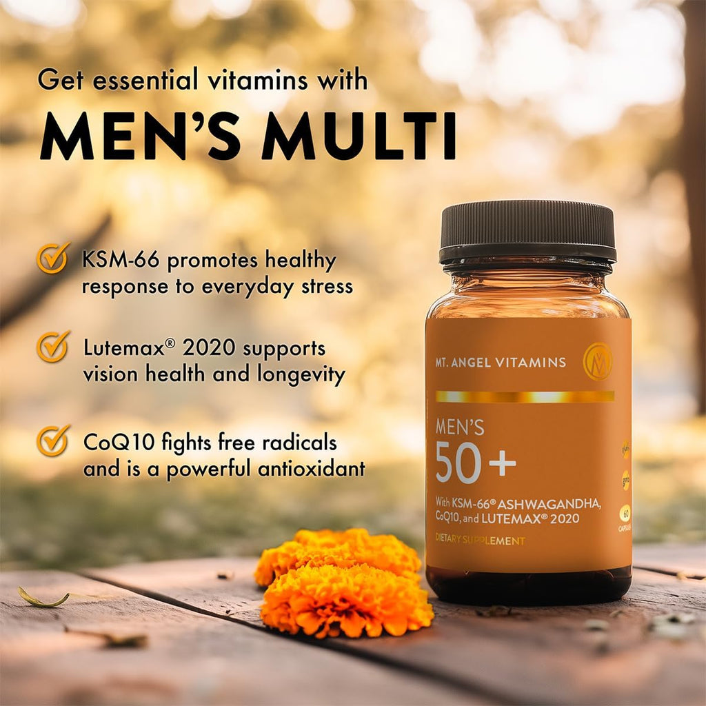Mt. Angel Vitamins - Multivitamínico Diario para Hombres 50+ con Hierro, Calcio y KSM-66 Ashwaganda, 60 Cápsulas