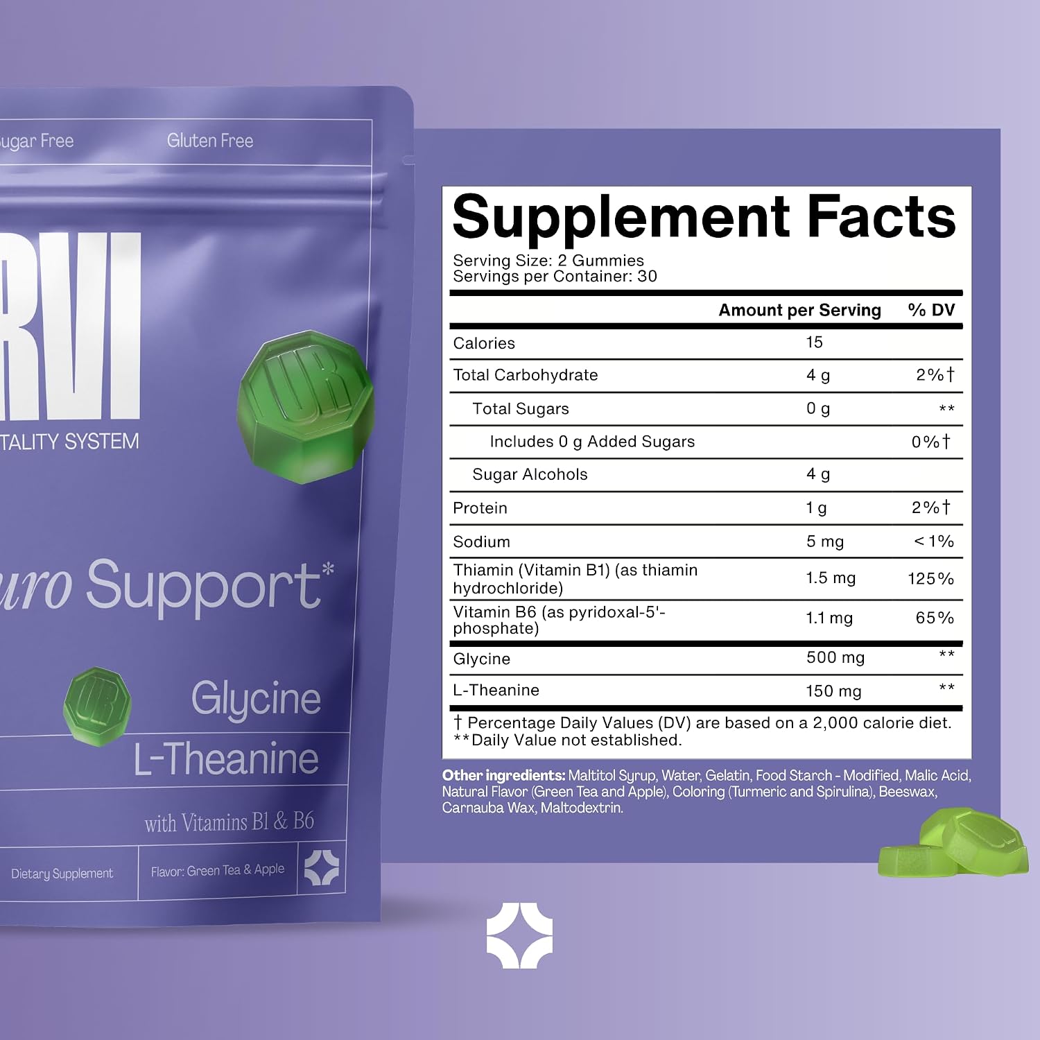URVI® Neuro Gummies – 500mg Glicina, 150mg L-Teanina, Vitaminas B1 y B6 – Sin Cafeína ni Azúcar – Sabor Té Verde y Manzana – 60 Gominolas