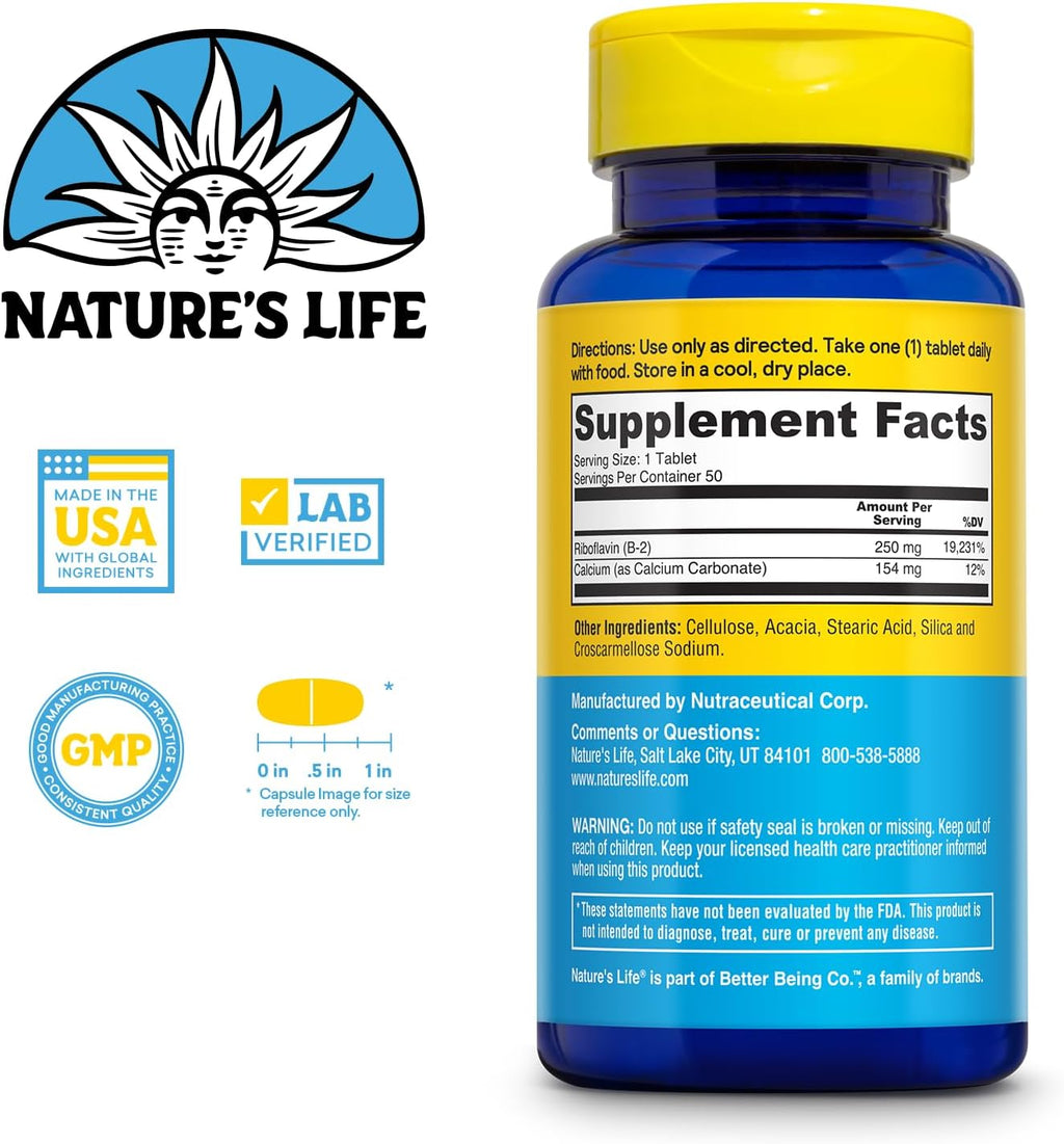 Nature's Life Vitamina B-2 250 mg con Calcio - 50 Tabletas