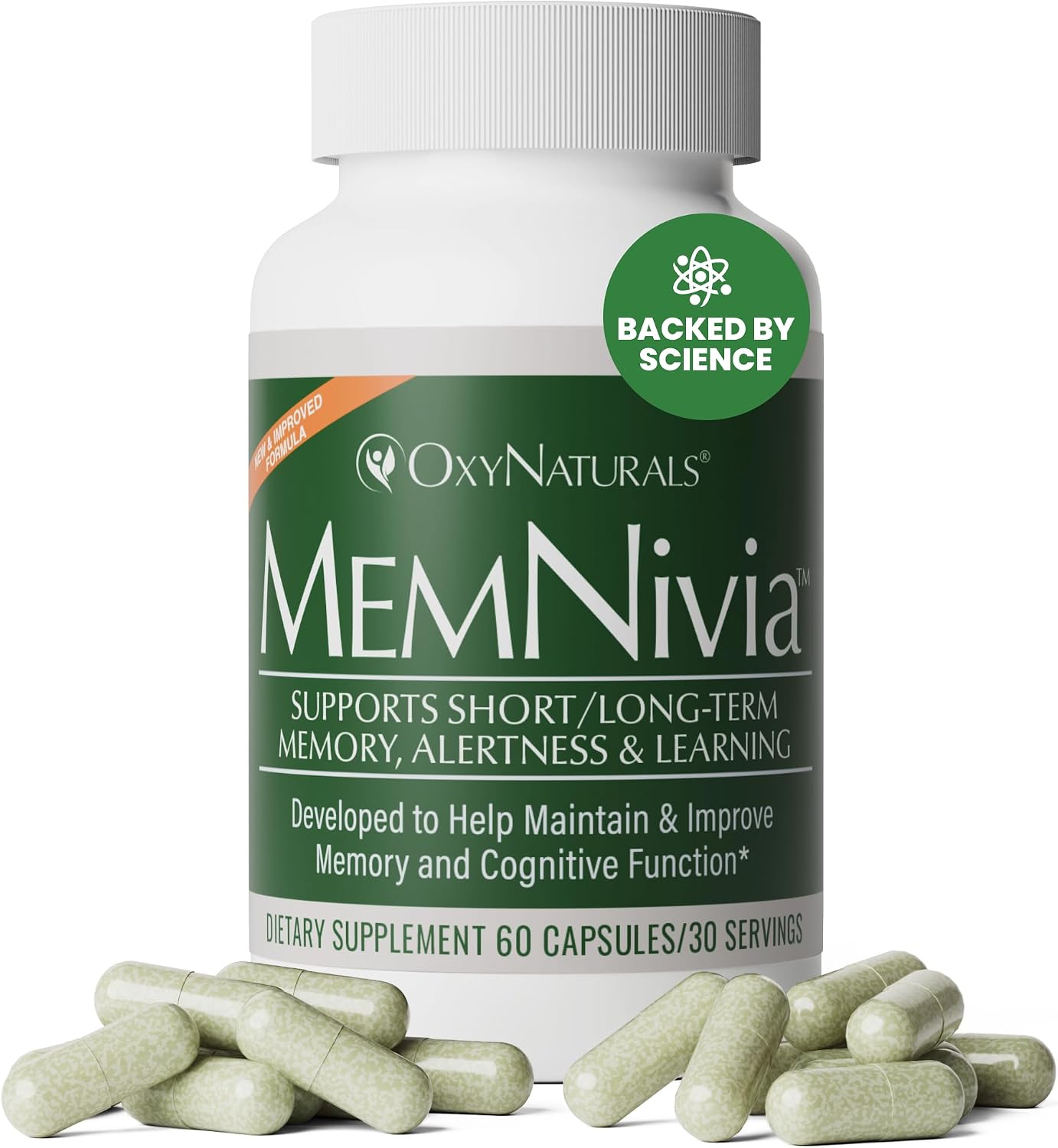 MemNivia Suplemento para la Memoria y Concentración | Fórmula con Cognivia®, Bacopa, Albahaca Santa y Jengibre | 60 Cápsulas