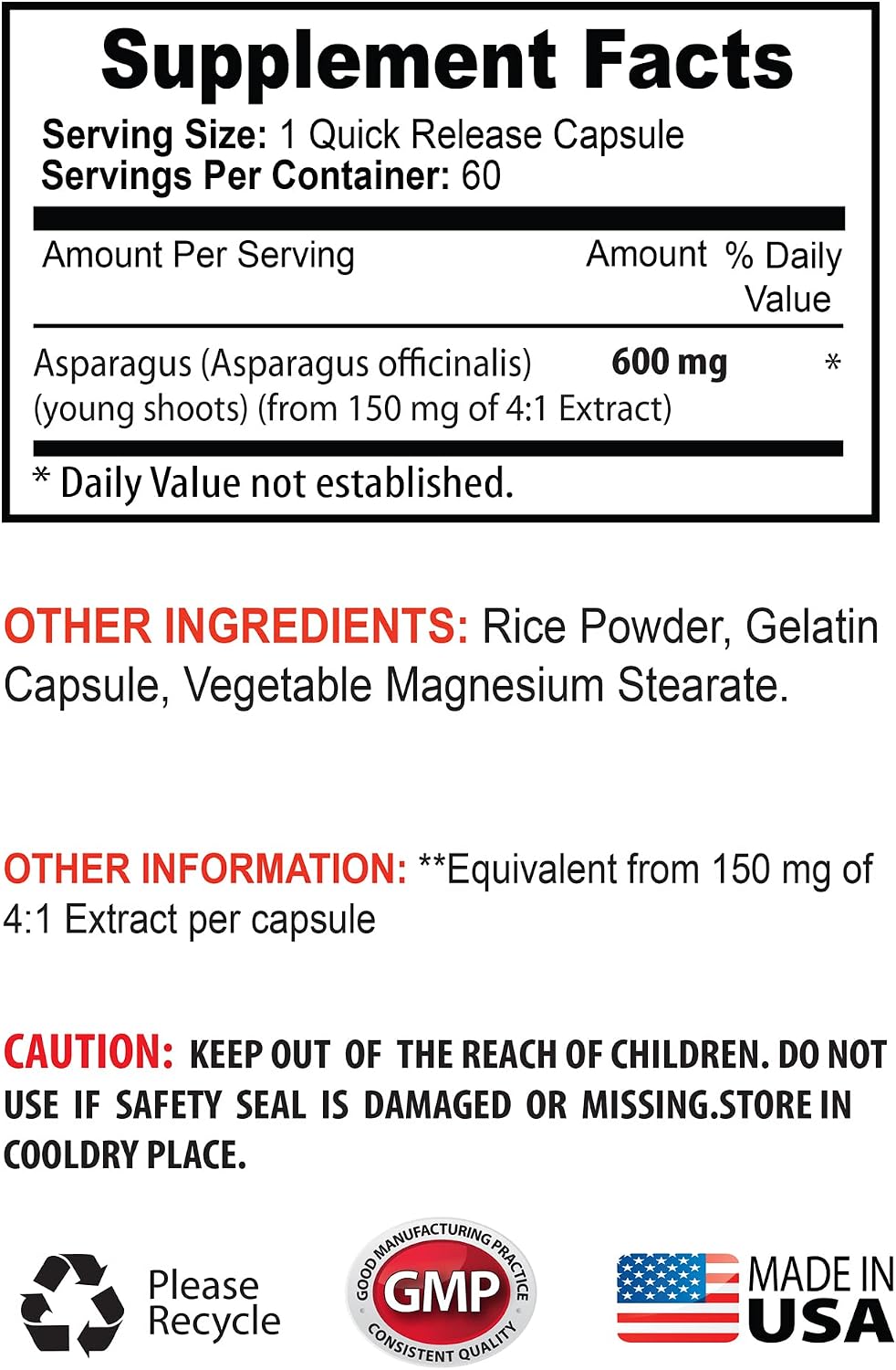 Cápsulas de Espárragos 600 mg - Extracto de Brotes Jóvenes - 60 Cápsulas