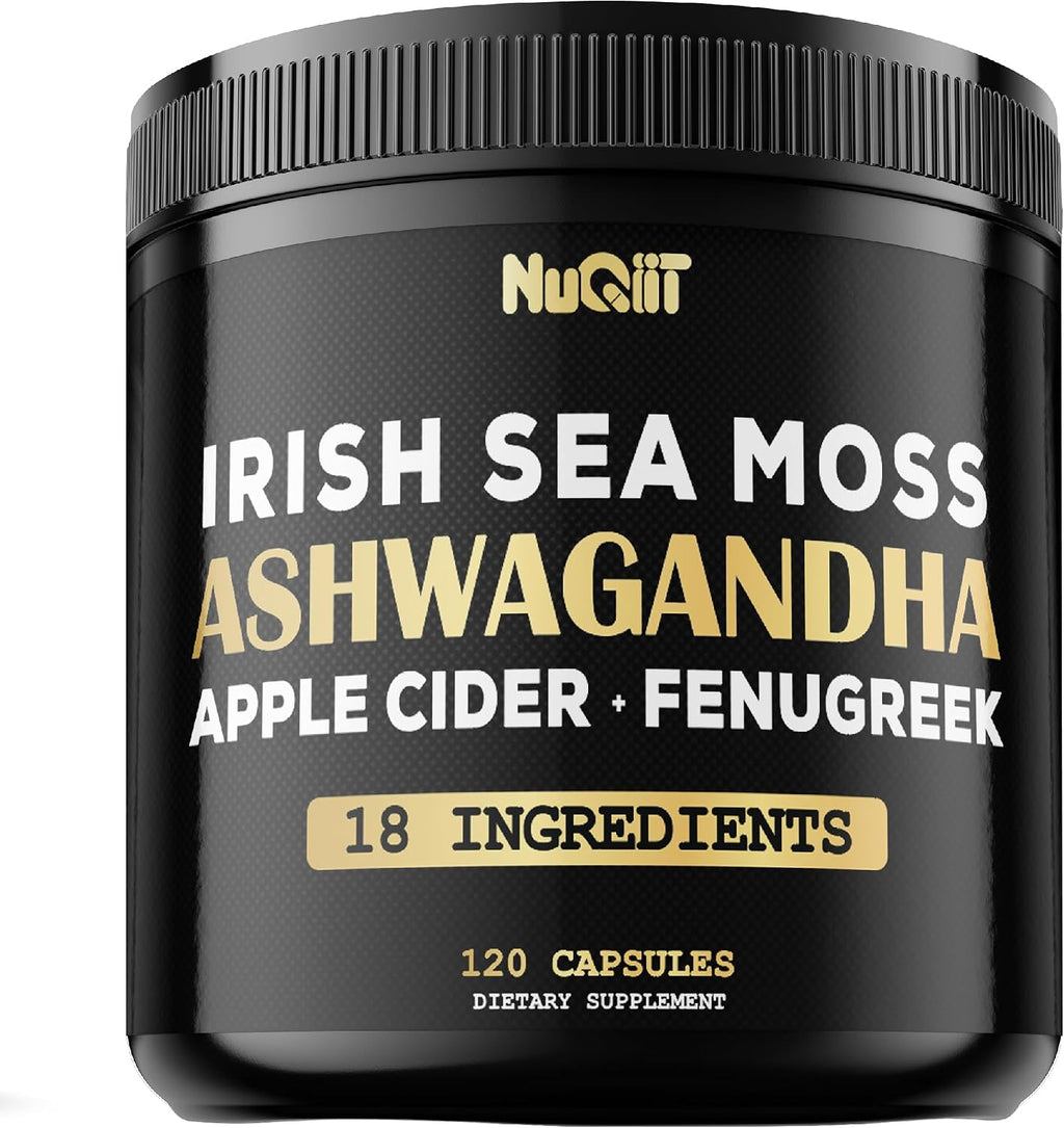 NUQIIT Cápsulas Orgánicas de Ashwagandha con Irish Sea Moss, Vinagre de Manzana y Más - 120 Cápsulas Veganas
