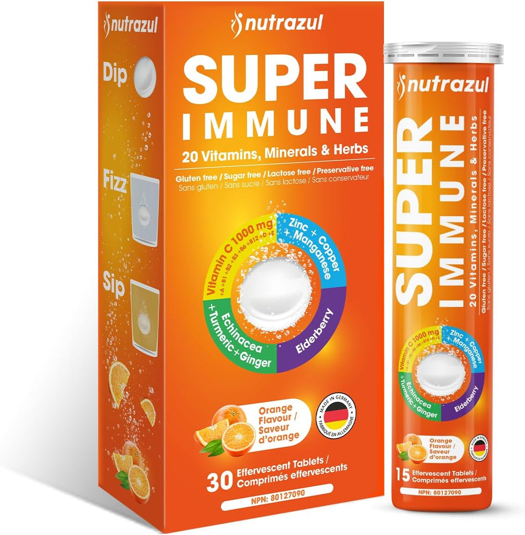 nutrazul Super Immune 30 comprimidos efervescentes – 20 vitaminas y minerales, extractos de saúco y equinácea, Vitamina C, Zinc, sin gluten, sin azúcar, sabor naranja