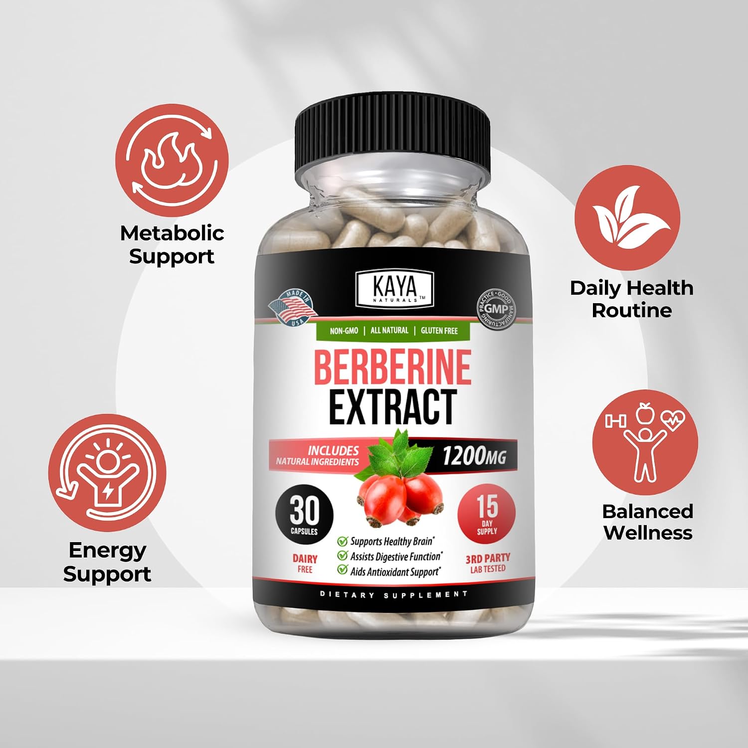 Kaya Naturals Berberine HCL Extract 1200mg - Sistema Inmunitario, Niveles de Glucosa, Salud Intestinal (30 Cápsulas)