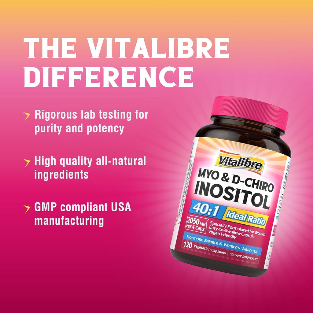 Vitalibre Inositol Supplement, Myo-Inositol & D-Chiro Inositol 40:1, 120 Cápsulas Veganas