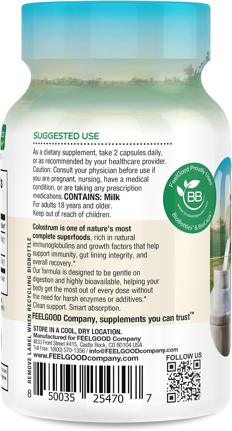 FeelGood Superfoods Calostro Bovino en Cápsulas - 2000 mg por Dosis - Salud Intestinal e Inmunidad - 60 Cápsulas
