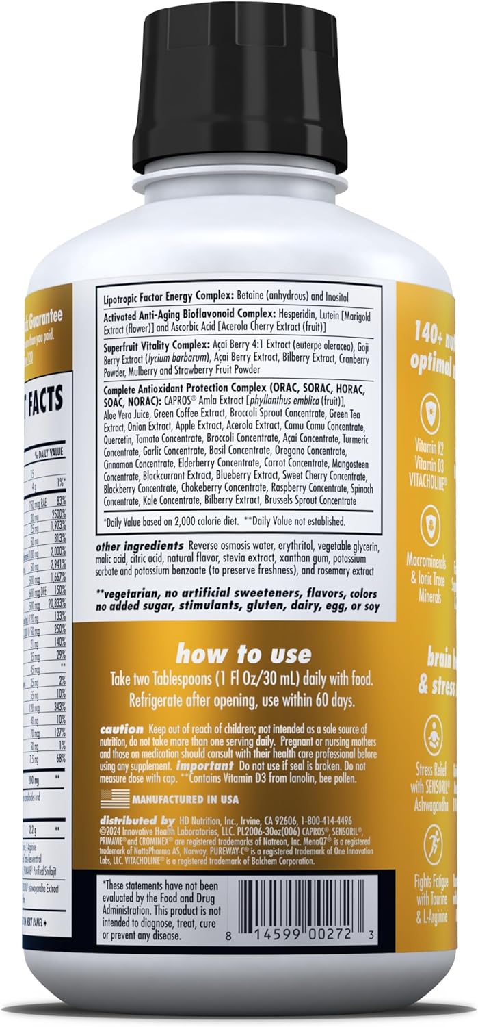 HEALTH DIRECT - Nature's Optimal Nutrition Energize Líquido Multivitamínico Superfood - 140+ Nutrientes - Claridad Mental y Energía - Apoyo Inmunológico y Cardiovascular – 30 Dosis – Melocotón Mango