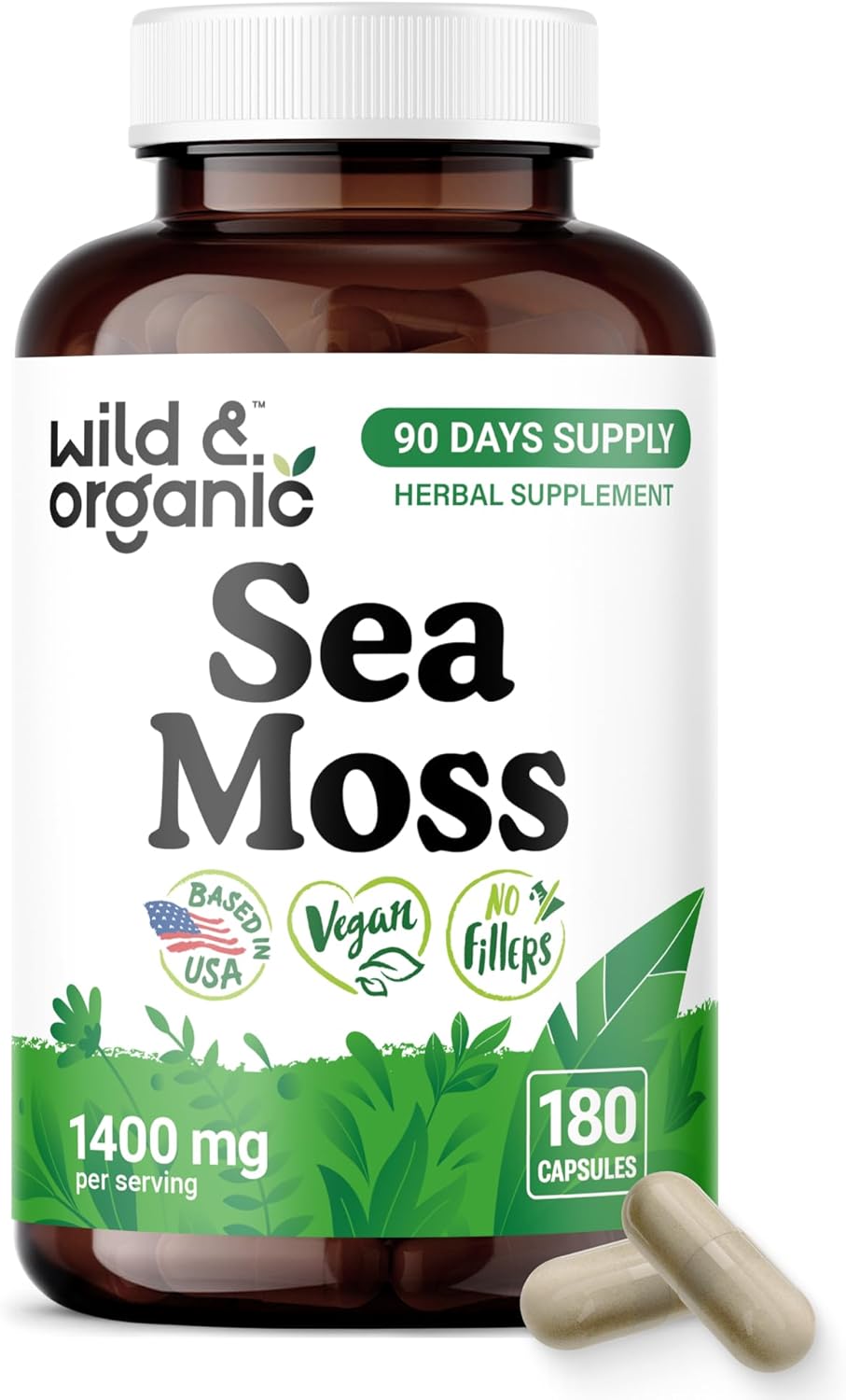 Wild & Organic Sea Moss Capsules - Complejo de Musgo Marino Irlandés con Bladderwrack - 180 Cápsulas Veganas