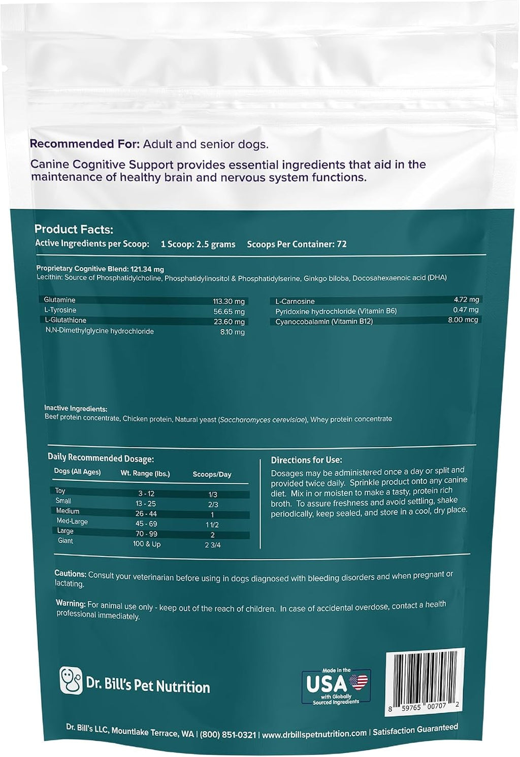 Dr. Bill's Suplemento de Apoyo Cognitivo para Perros Adultos y Mayores