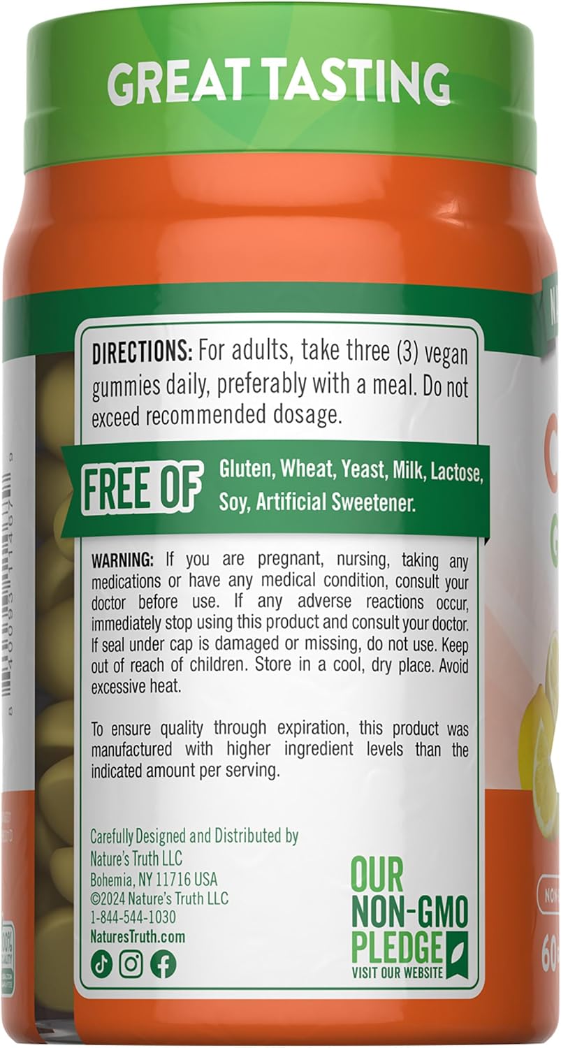 Nature's Truth Vitamin C Gummies with Zinc para Adultos | 60 Gominolas | Apoyo Inmunológico | Vegano, No GMO y Sin Gluten