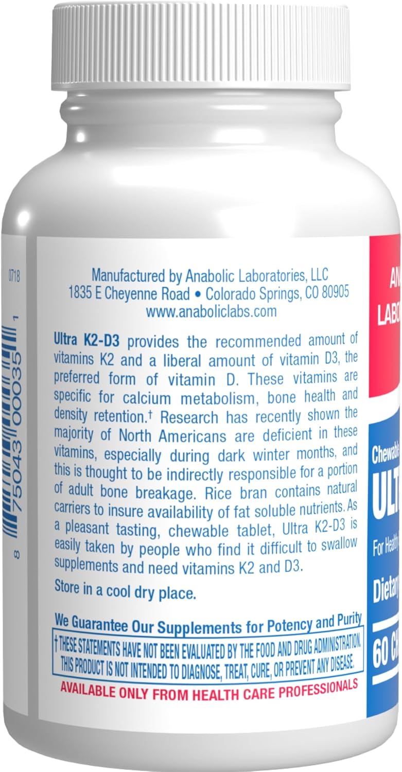 Anabolic Laboratories Vitamina D3 K2 Masticable - 2000UI D3, 80mcg K2, Sabor Canela (60 Comprimidos)