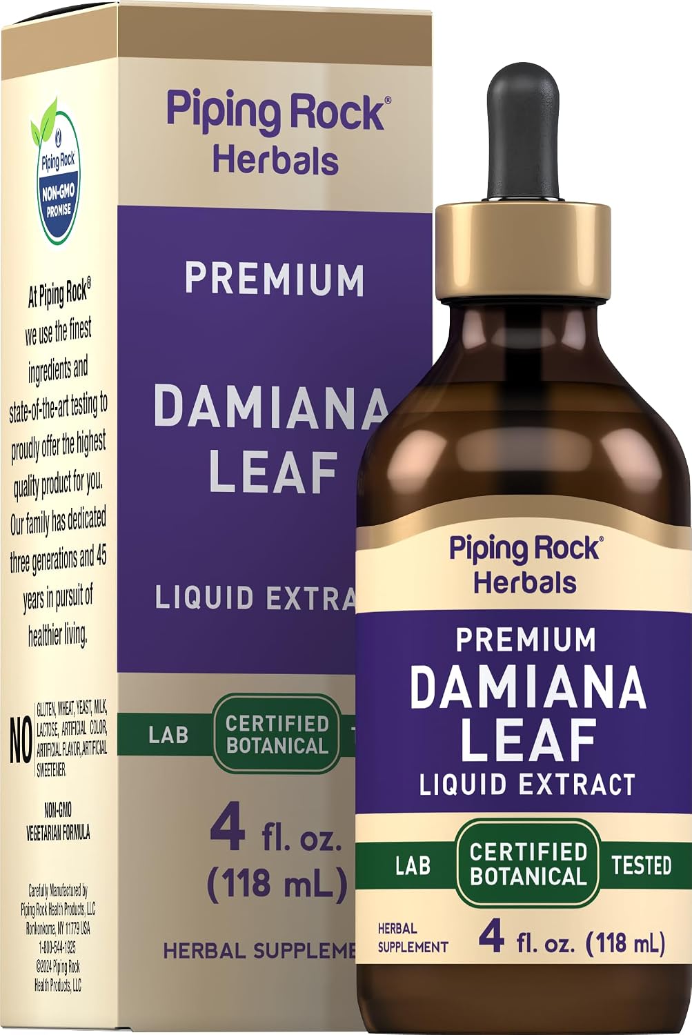 Extracto Líquido de Hoja de Damiana de Piping Rock - 118 ml - Tintura Sin Alcohol, Sin Gluten, No-GMO, Vegano