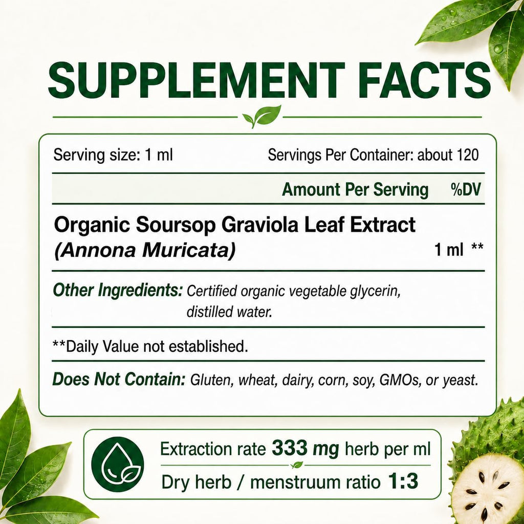 Extracto Líquido Orgánico de Hojas de Soursop Graviola | Gotas de Soursop Bitters | KingHealth 118 ml