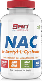 SAN N-Acetil-L-Cisteína (NAC), Salud Inmune, Respiratoria y Hepática, NAC 600 mg, Potente Apoyo Antioxidante, Radicales Libres, Fácil Absorción, 100 Cápsulas