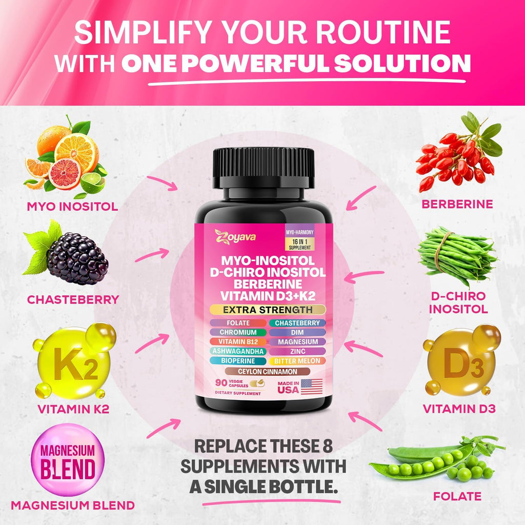 Zoyava Myo Inositol Complex – 750 mg Myo-Inositol con Berberina, D-Chiro Inositol, Ashwagandha y más – 180 Cápsulas Veganas