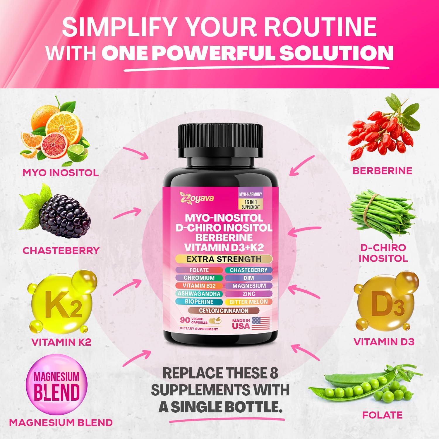 Zoyava Myo Inositol Complex – 750 mg Myo-Inositol con Berberina, D-Chiro Inositol, Ashwagandha y más – 180 Cápsulas Veganas