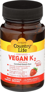 Country Life Vegan K2 Melts 500 mcg – 60 Comprimidos de Fusión Veganos