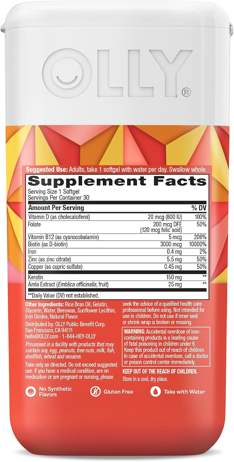 OLLY Ultra Strength Hair Softgels – Suplemento para el Cabello con Biotina, Keratina y Vitamina D (30 Cápsulas)