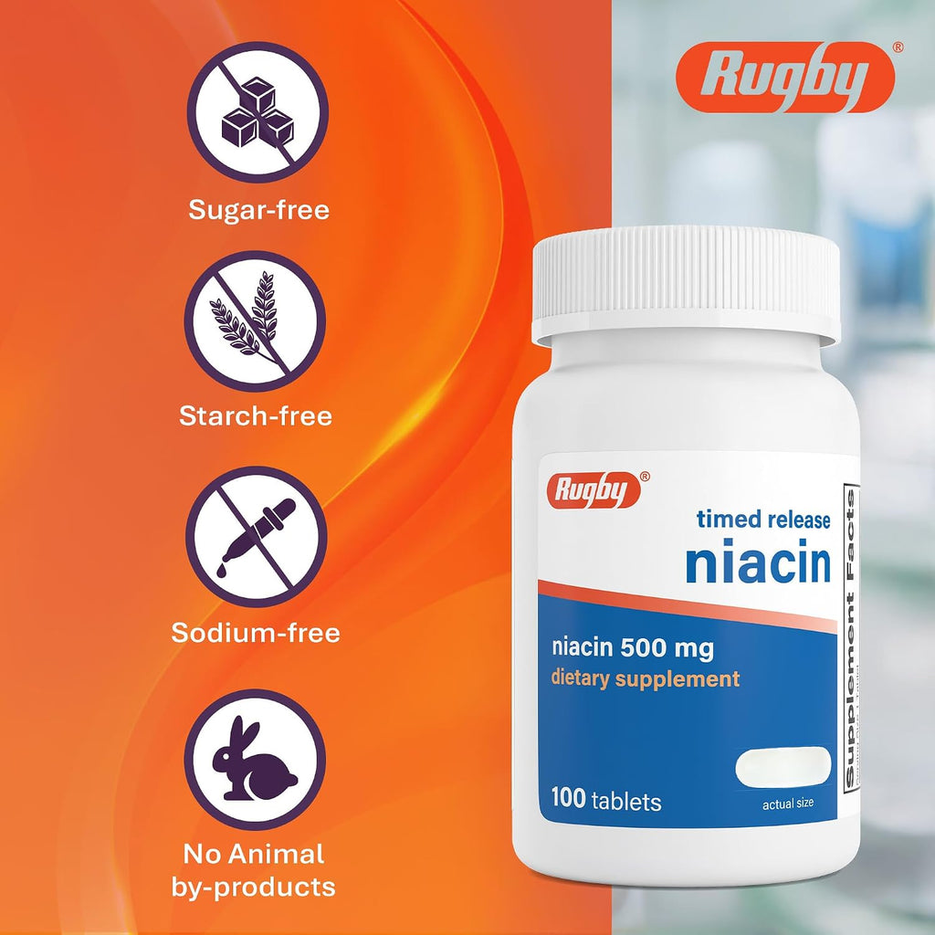 Rugby Timed-Release Niacin 500mg con Calcio, 100 Comprimidos (Pack de 3)