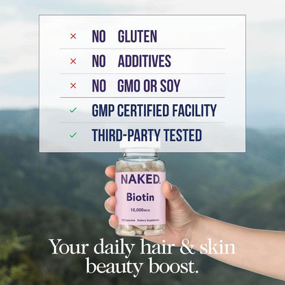NAKED Biotina 10,000mcg – 120 Cápsulas – – La biotina contribuye al funcionamiento normal del sistema nervioso. – Image 2