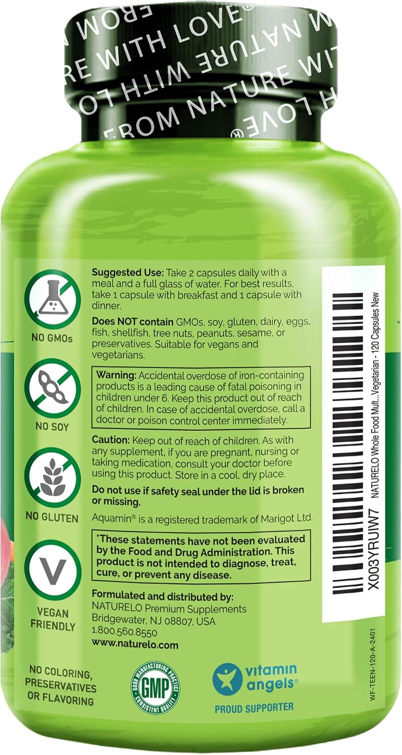 NATURELO Multivitamínico para Adolescentes (Chicas y Chicos), 120 Cápsulas, Multivitamínico de Alimentos Integrales con Minerales, No Transgénico, Vegetariano