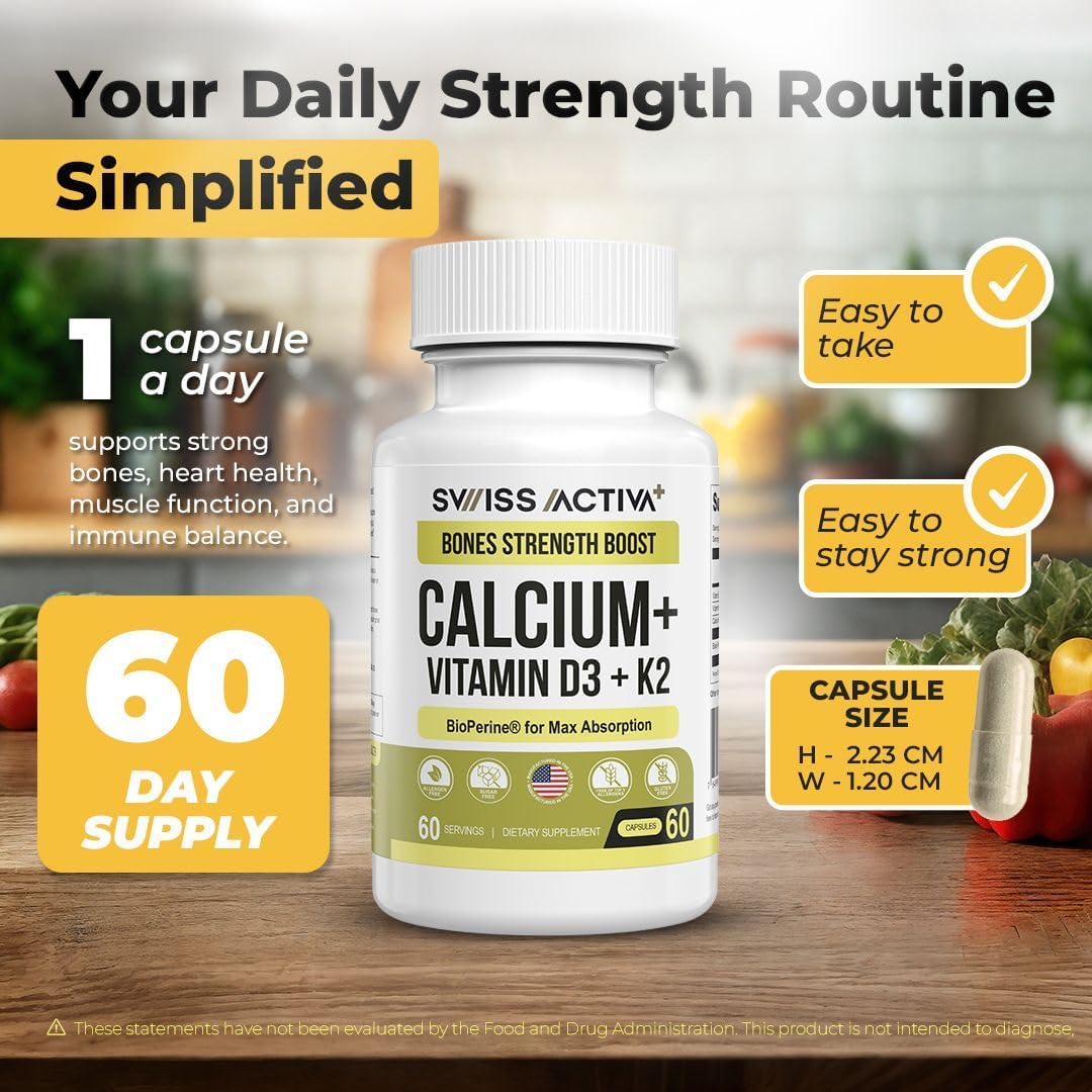 Calcio con Vitamina D3 y K2 – Swiss Activa+ Labs – Vegano, No-GMO – 60 Días