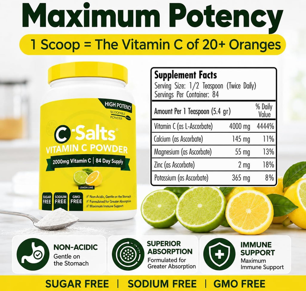 C-Salts Buffered Vitamin C Powder - Vitamina C en Polvo Orgánica, Suave para el Estómago, 84 Dosis (Lemon Lime, 227g)