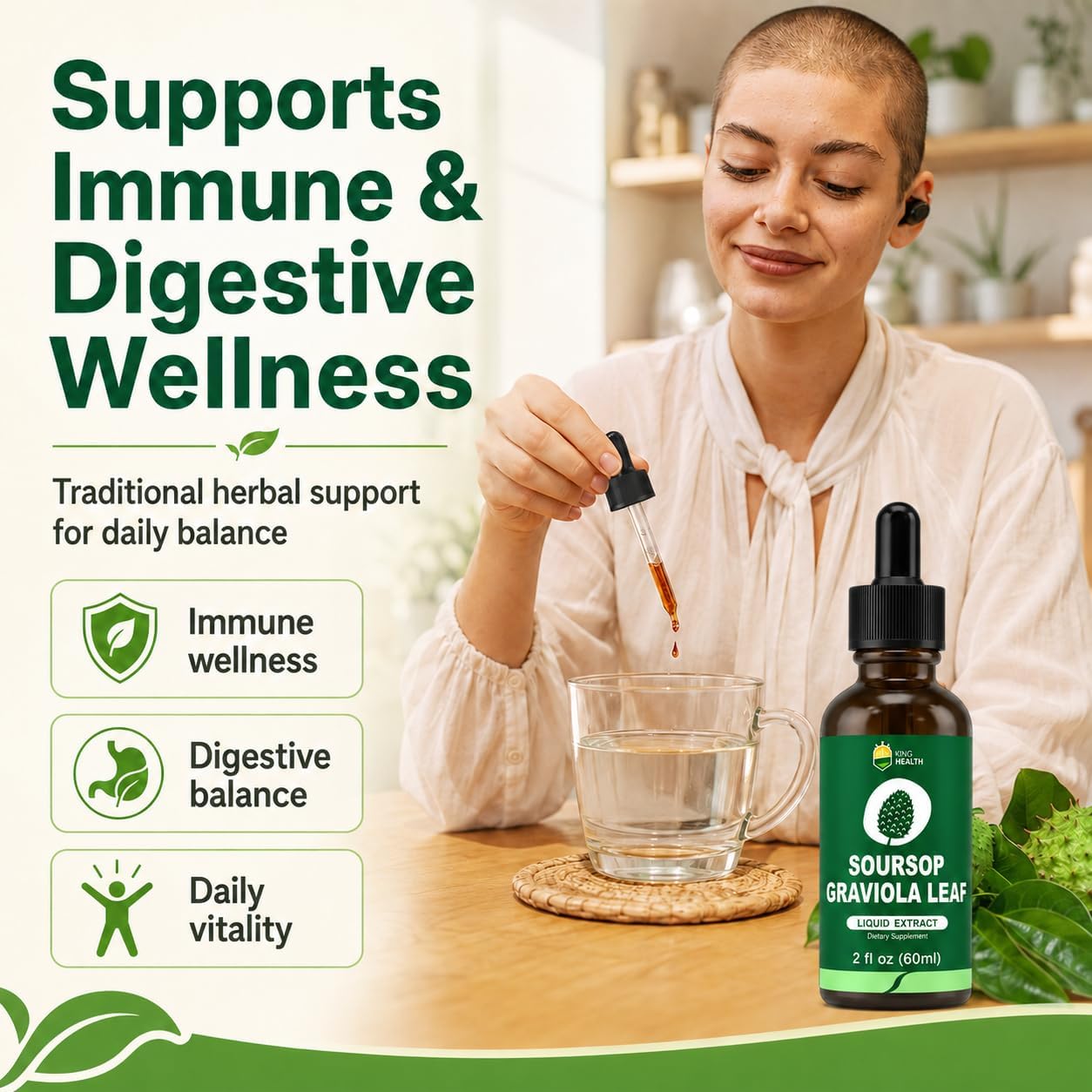 KingHealth Extracto Orgánico de Hojas de Guanábana y Graviola - Gotas Líquidas - 60 ml (2 Fl Oz)