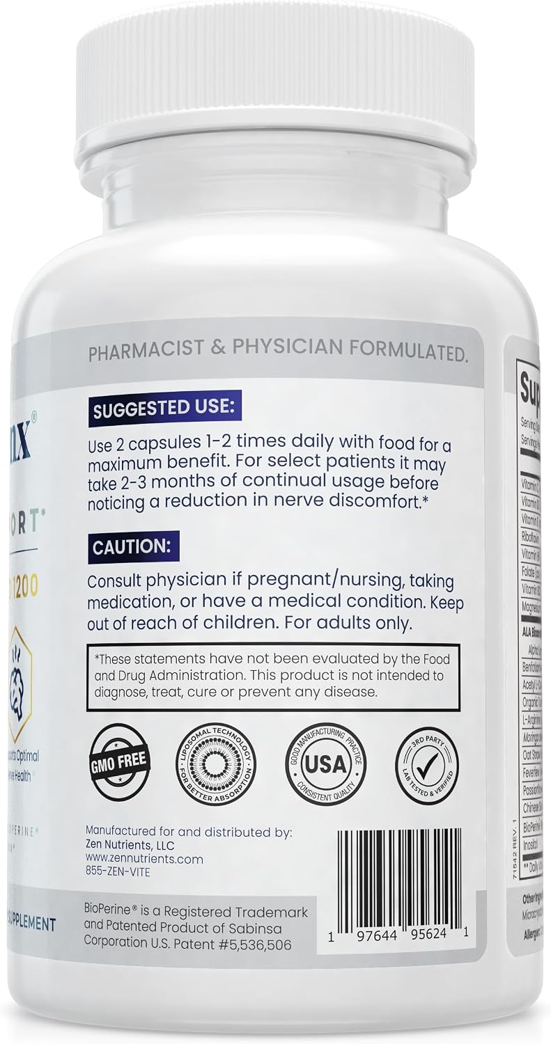 Zen Nutrients NeuraZenX - Suplemento de Apoyo Nervioso con Ácido Alfa Lipoico, Benfotiamina, L-Carnitina y Cúrcuma